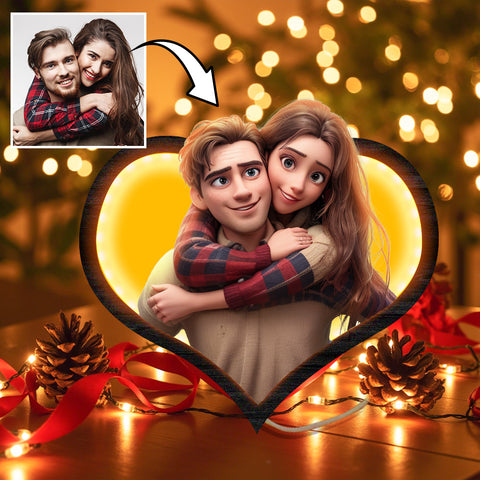 Personalized Heart Photo Cartoon Portrait Frame with LED Gift for Lover