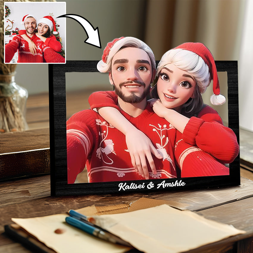 Custom Photo 3D Cartoon Portrait Gift Personalized Cartoon Style 3D Photo Wooden Frame Sign Comic Photo Frame For Grandparents