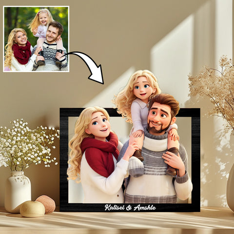 Custom Photo 3D Cartoon Portrait Gift Personalized Cartoon Style 3D Photo Wooden Frame Sign Comic Photo Frame For Family