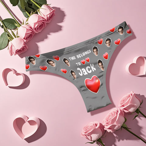 Custom Boyfriend Face Thong Personalized Photo & Name Belongs to You Panties Valentine's Gift For Her