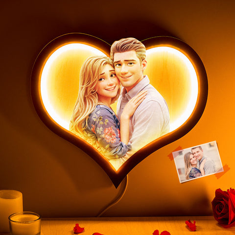 Personalized Heart Photo Cartoon Portrait Frame with LED Gift for Lover